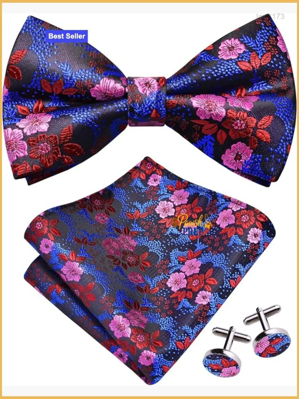 Men's Silk Blend Floral Bow Tie Set with Pocket Square & Cufflinks